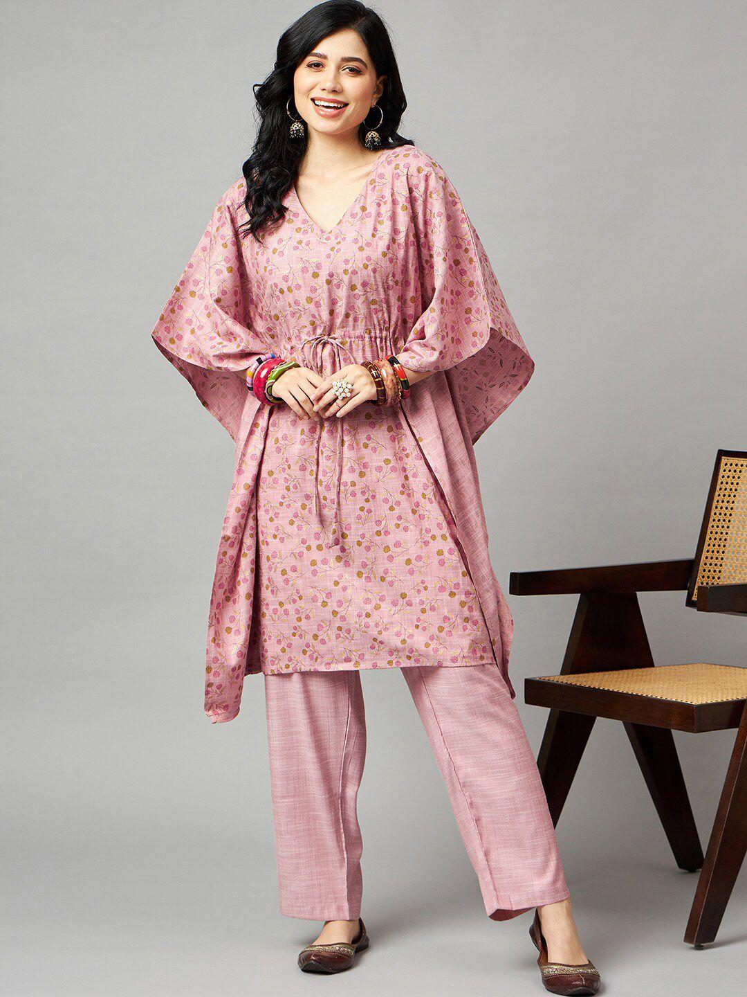 here&now floral printed flared sleeves pleated kurta with trousers