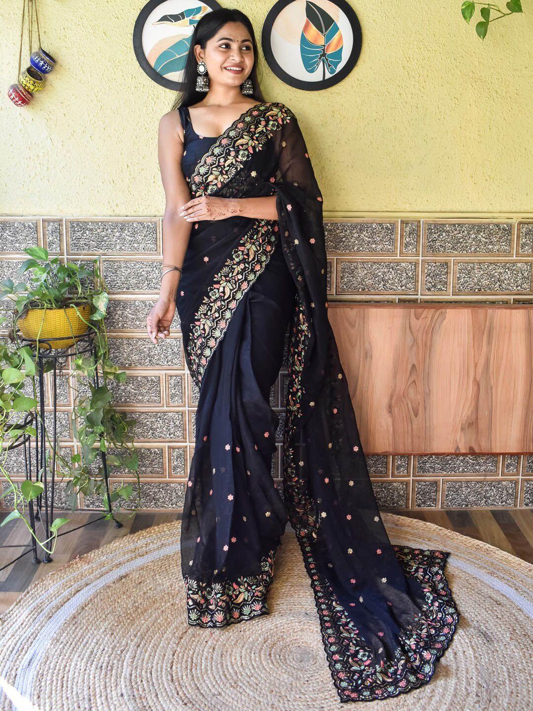 mitera black & blue floral embroidered sequinned saree