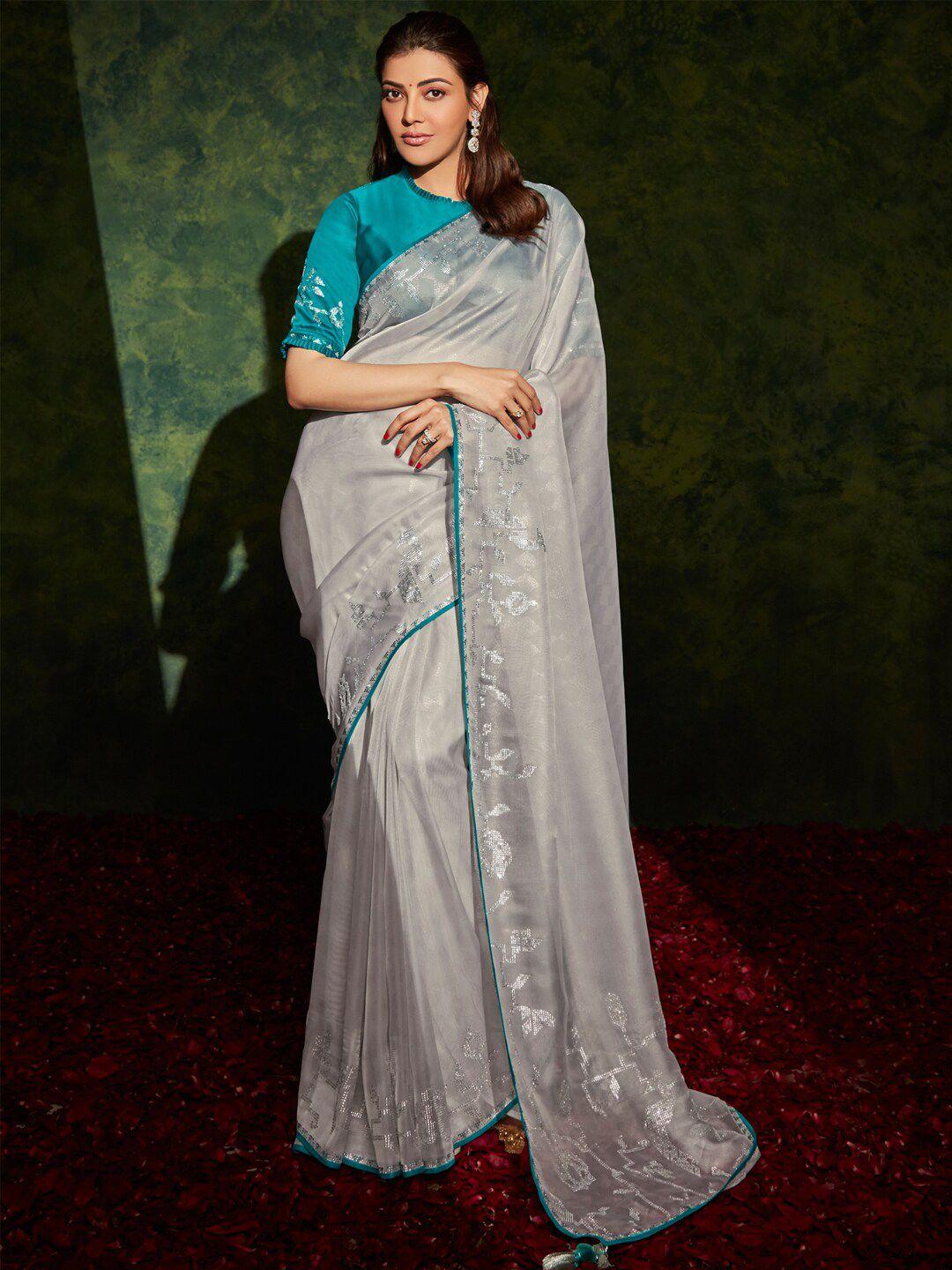 mitera gunmetal-toned & green embellished silk blend saree