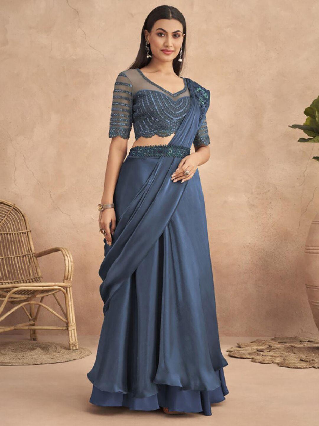 mitera navy blue embellished patchwork satin lehenga saree