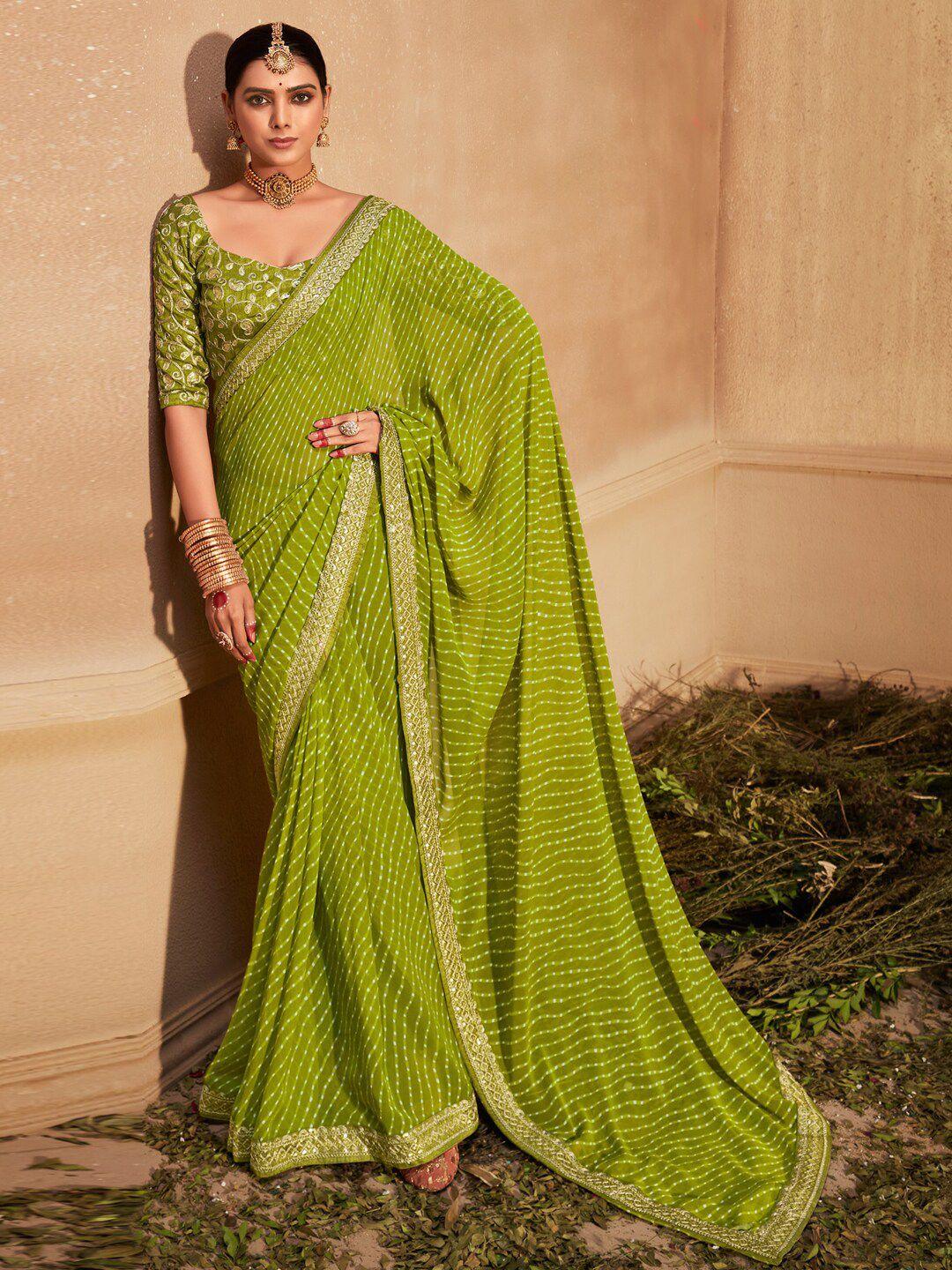 mitera green & white leheriya embroidered pure georgette leheriya saree