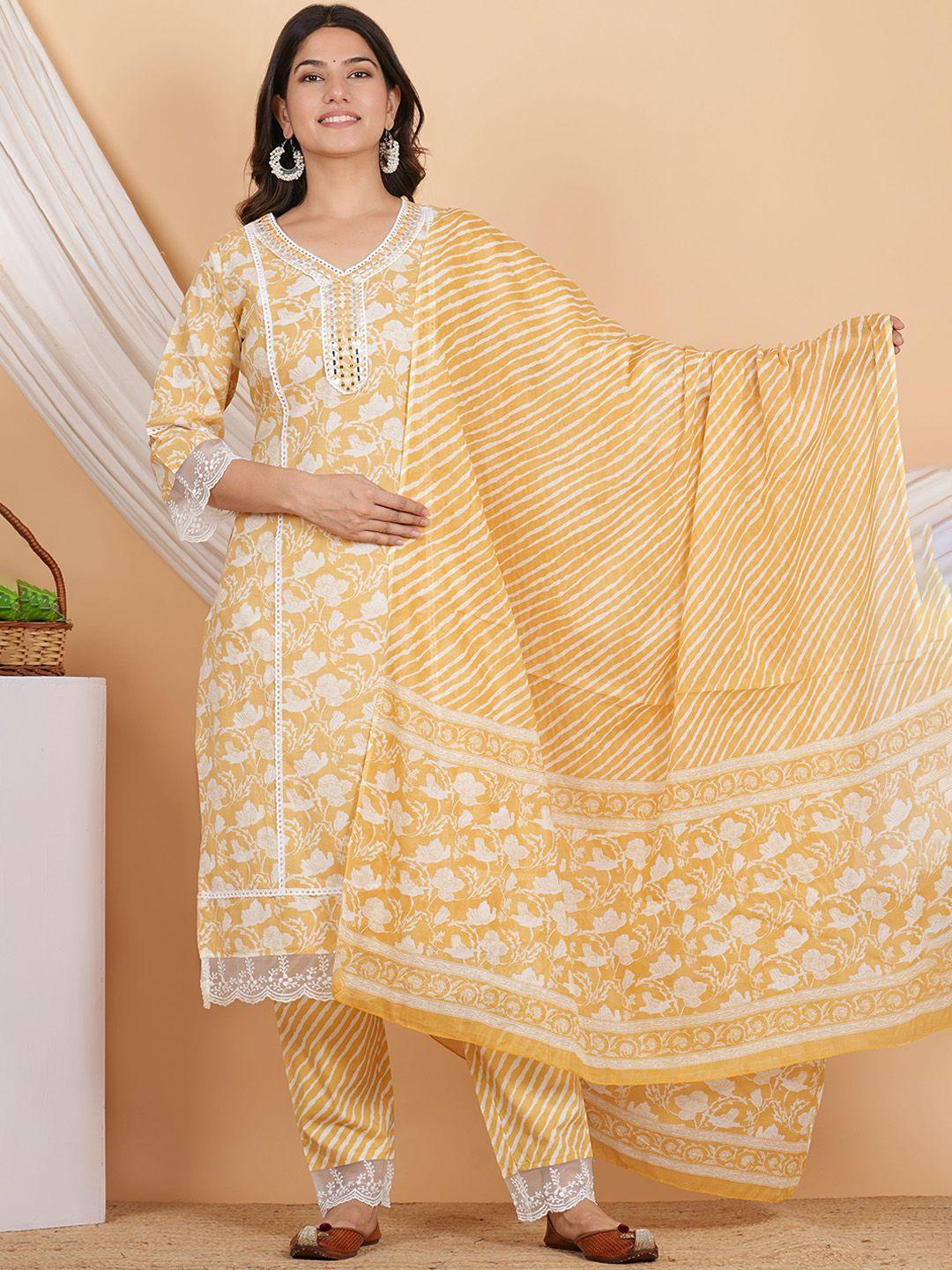 zoyoto floral printed regular mirror work pure cotton kurta with trousers & dupatta