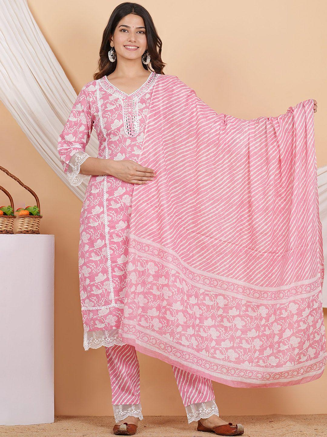 zoyoto floral printed regular mirror work pure cotton kurta with trousers & dupatta