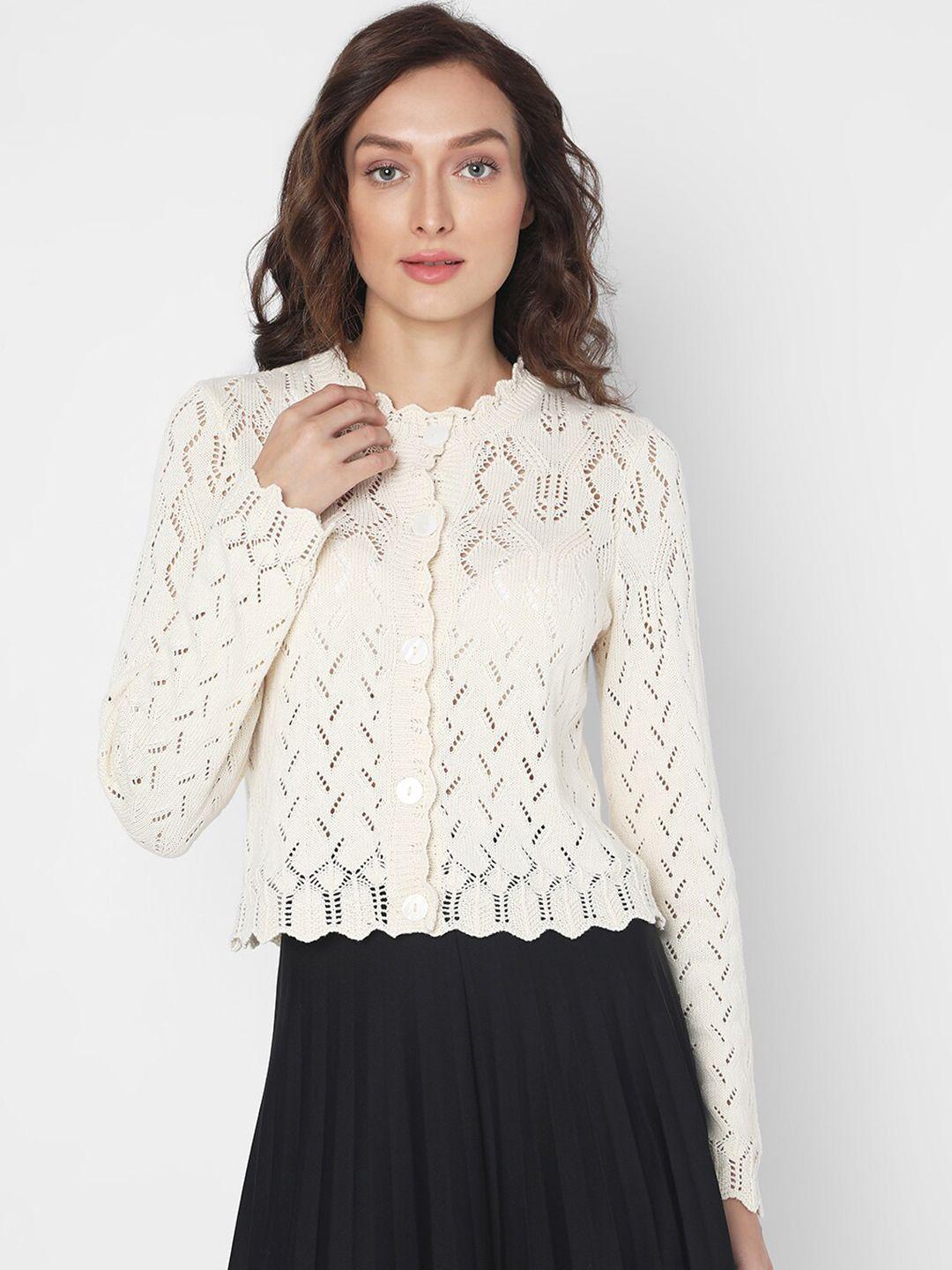 vero moda self design open knit round neck long sleeve cotton cardigan sweaters