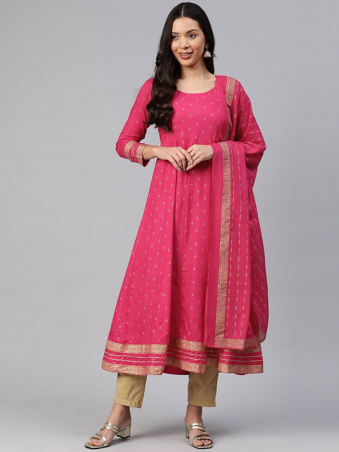 kalini ethnic motifs printed anarkali kurta with trousers & dupatta