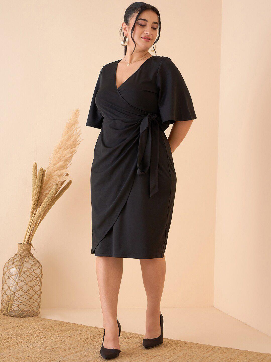 curve by kassually black v-neck flared sleeves tie-ups wrap dress