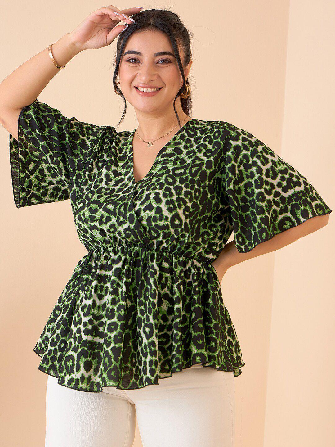 curve by kassually animal printed v- neck flared sleeves peplum top