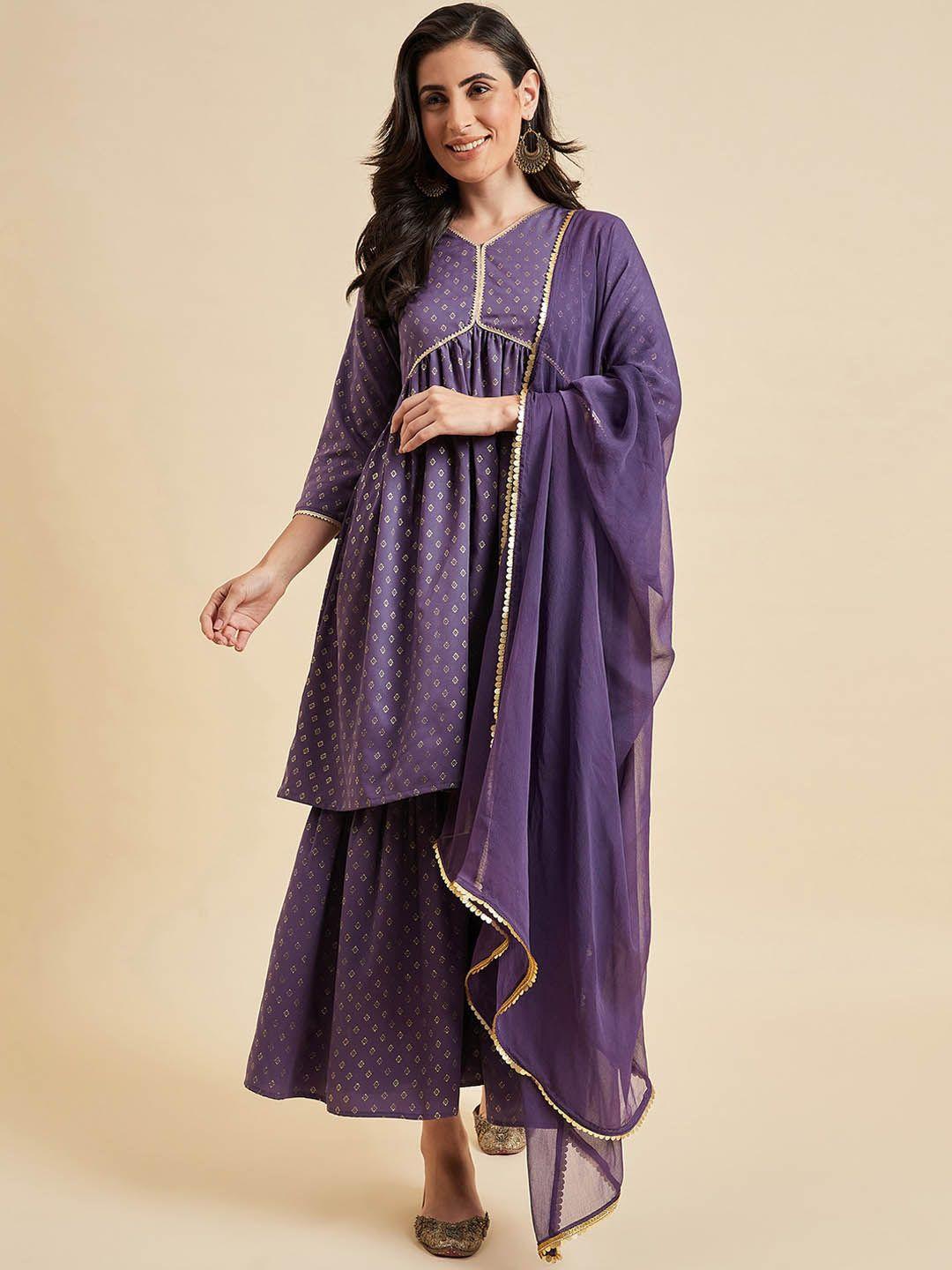 azira ethnic motifs printed empire gotta patti kurta with sharara & dupatta