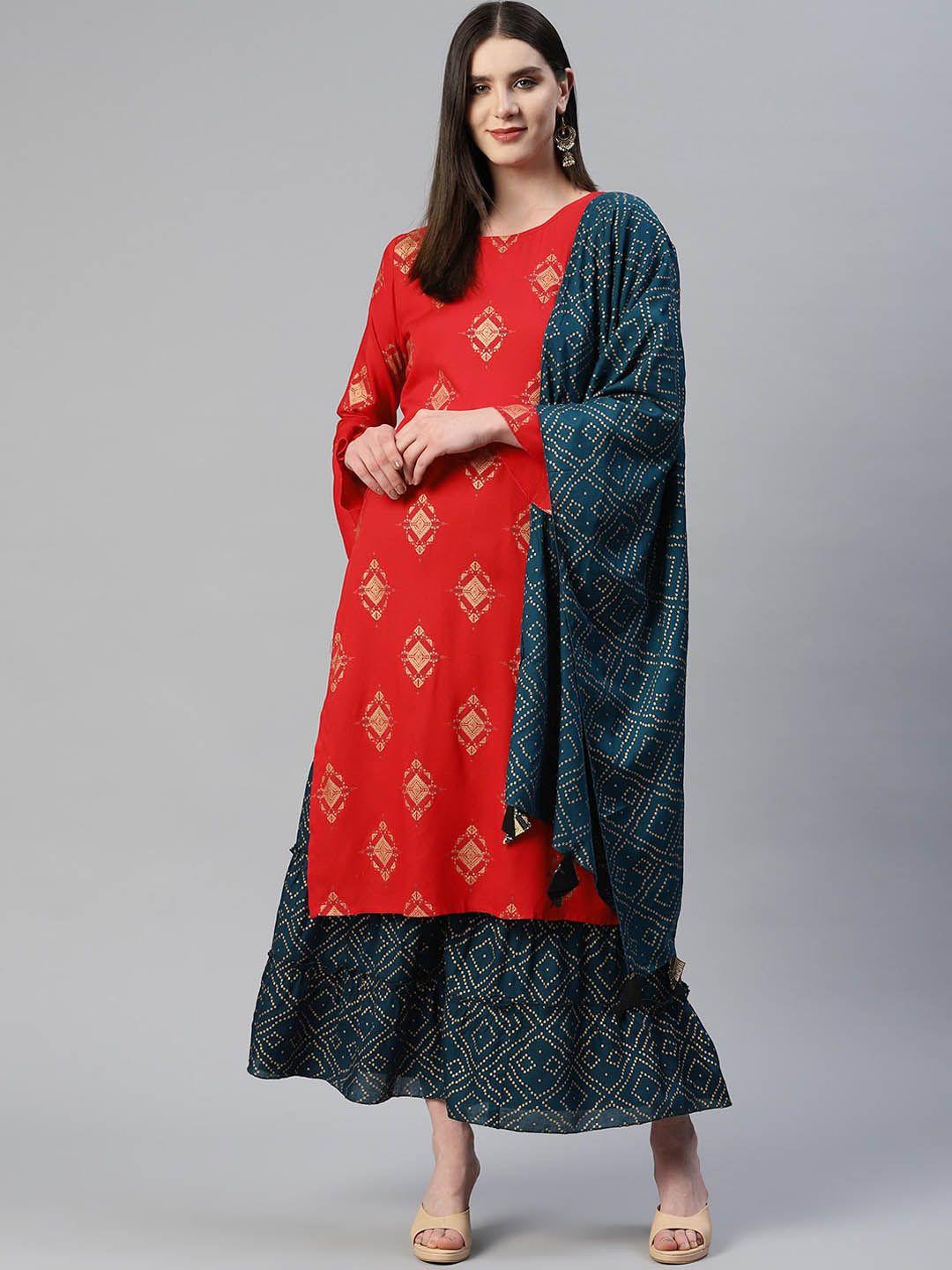 kalini women red printed regular thread work kurta with sharara & with dupatta