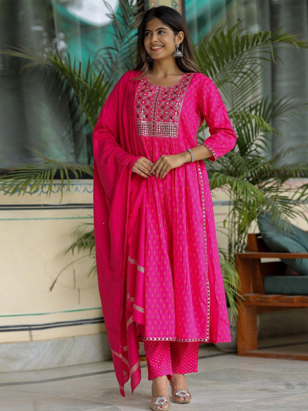 kalini floral printed thread work a-line pleated kurta with trousers & dupatta