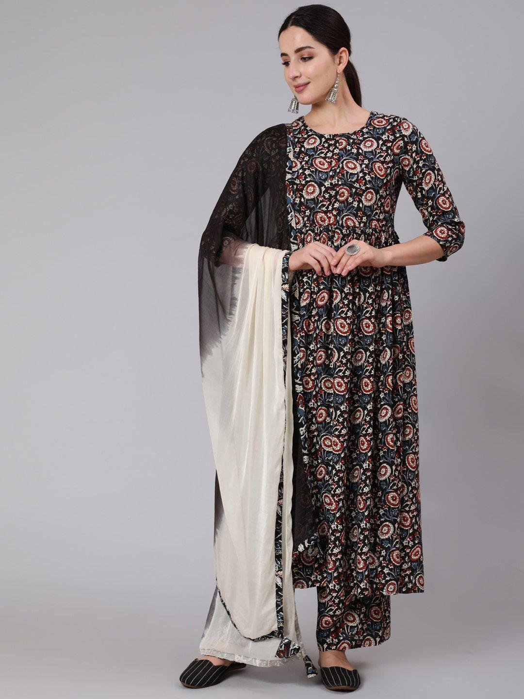 kimayra ethnic motifs printed pleated a-line kurta & trousers with dupatta