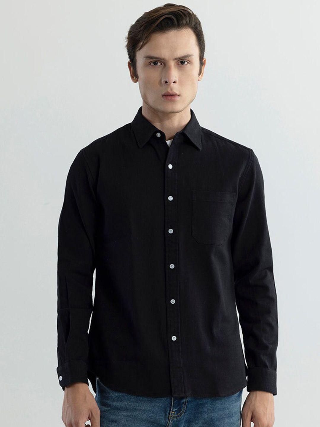 snitch men black classic slim fit opaque printed casual shirt