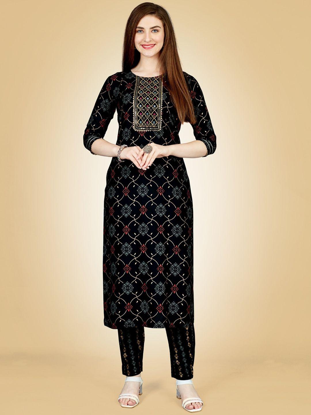 anouk black ethnic motifs printed regular straight kurta with trousers