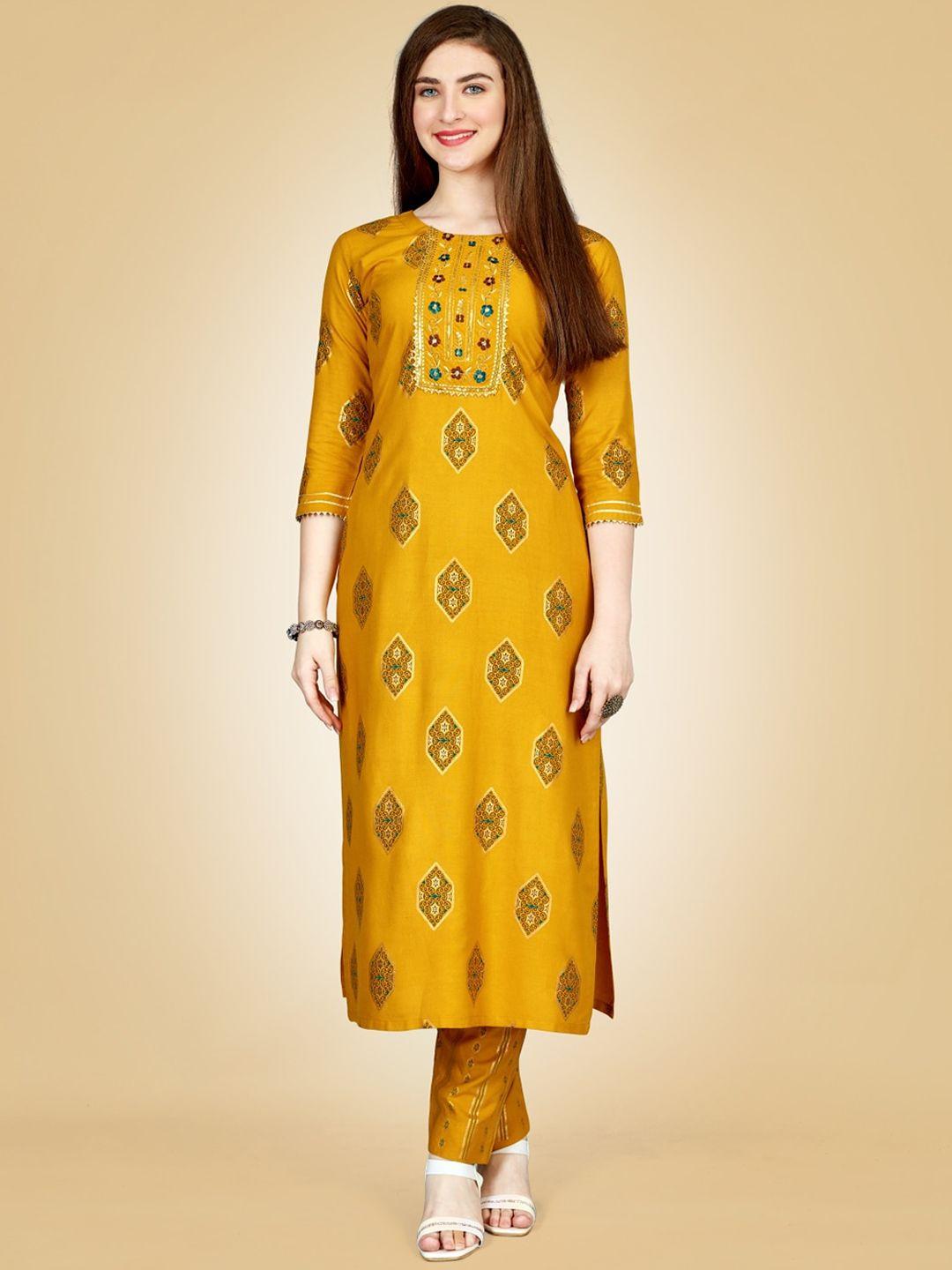 anouk ethnic motifs printed regular thread work kurta with trousers