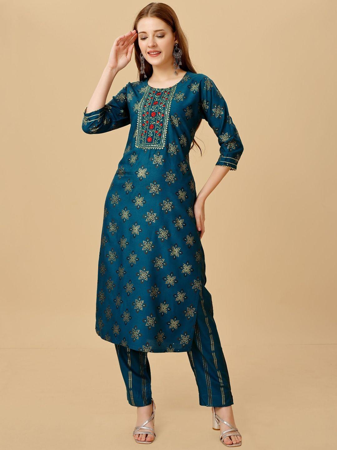 anouk ethnic motifs printed regular thread work kurta with trousers