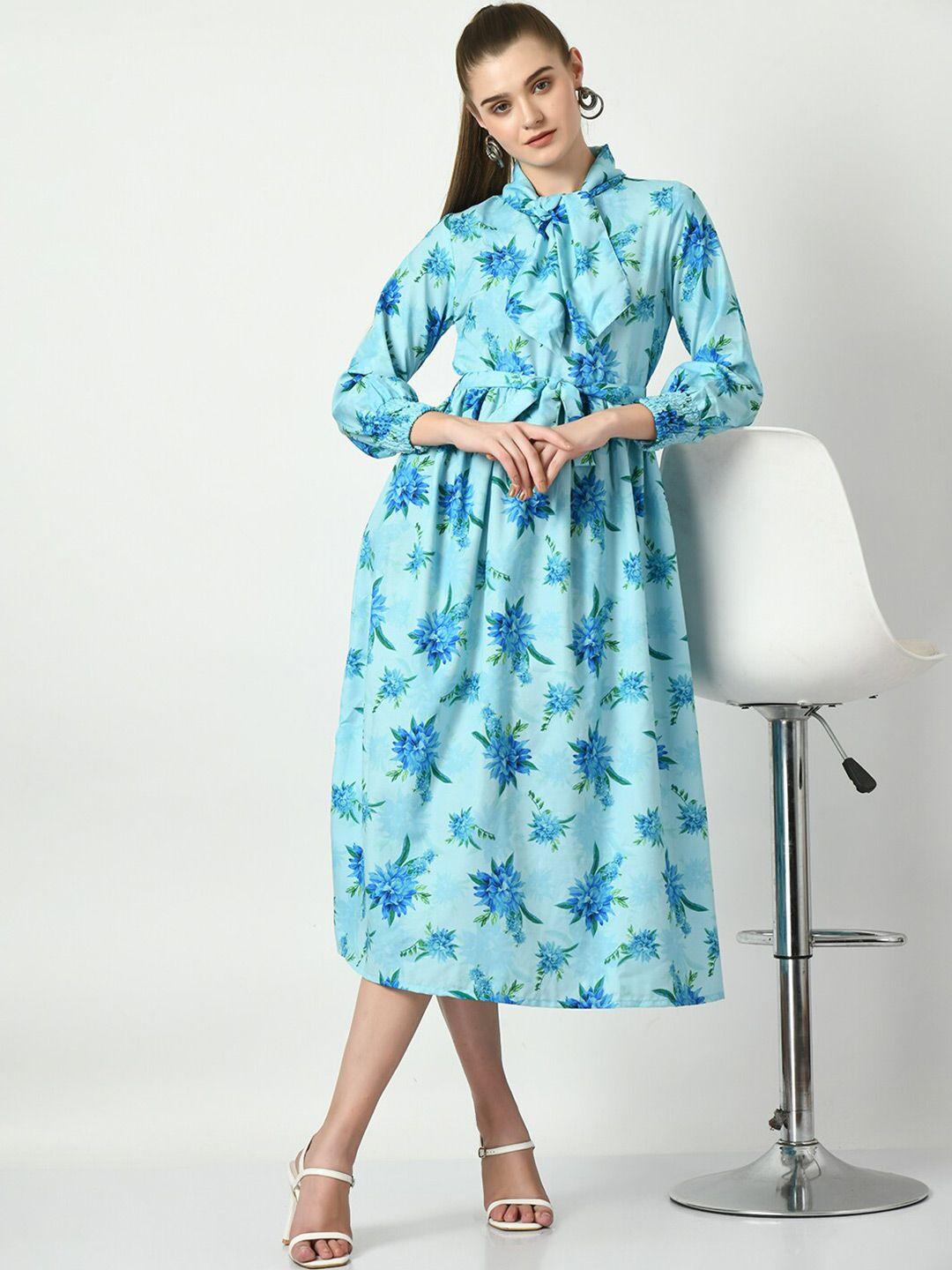 dressberry blue floral printed tie-up neck belted linen fit & flare midi dress