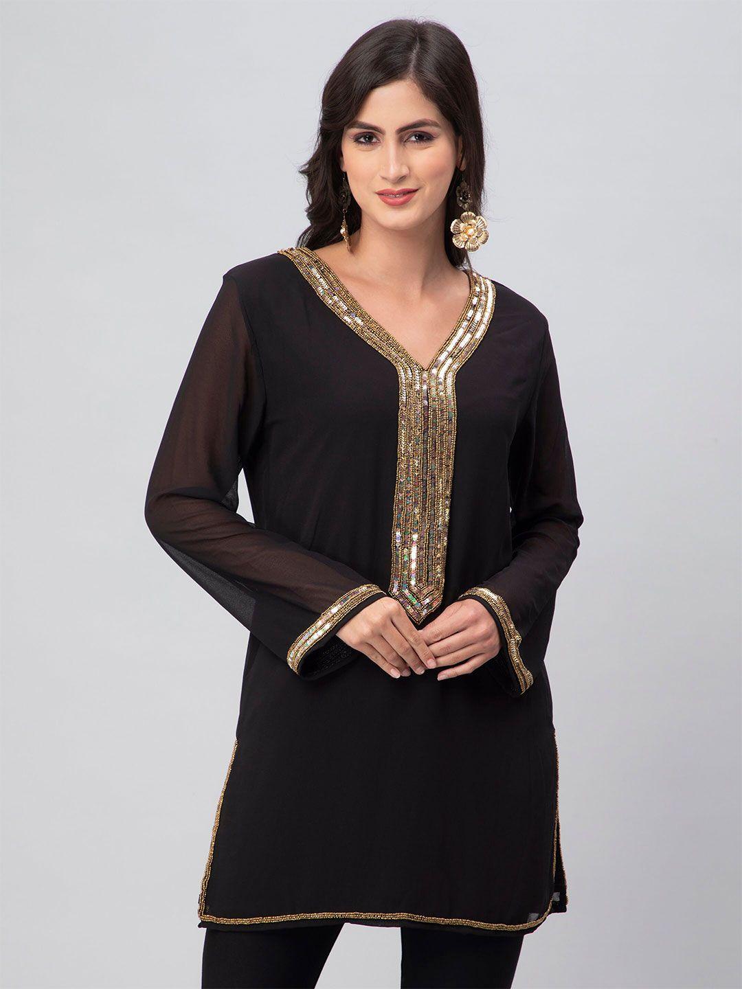 debonatella bandhani embellished v-neck sequinned pure georgette kurti