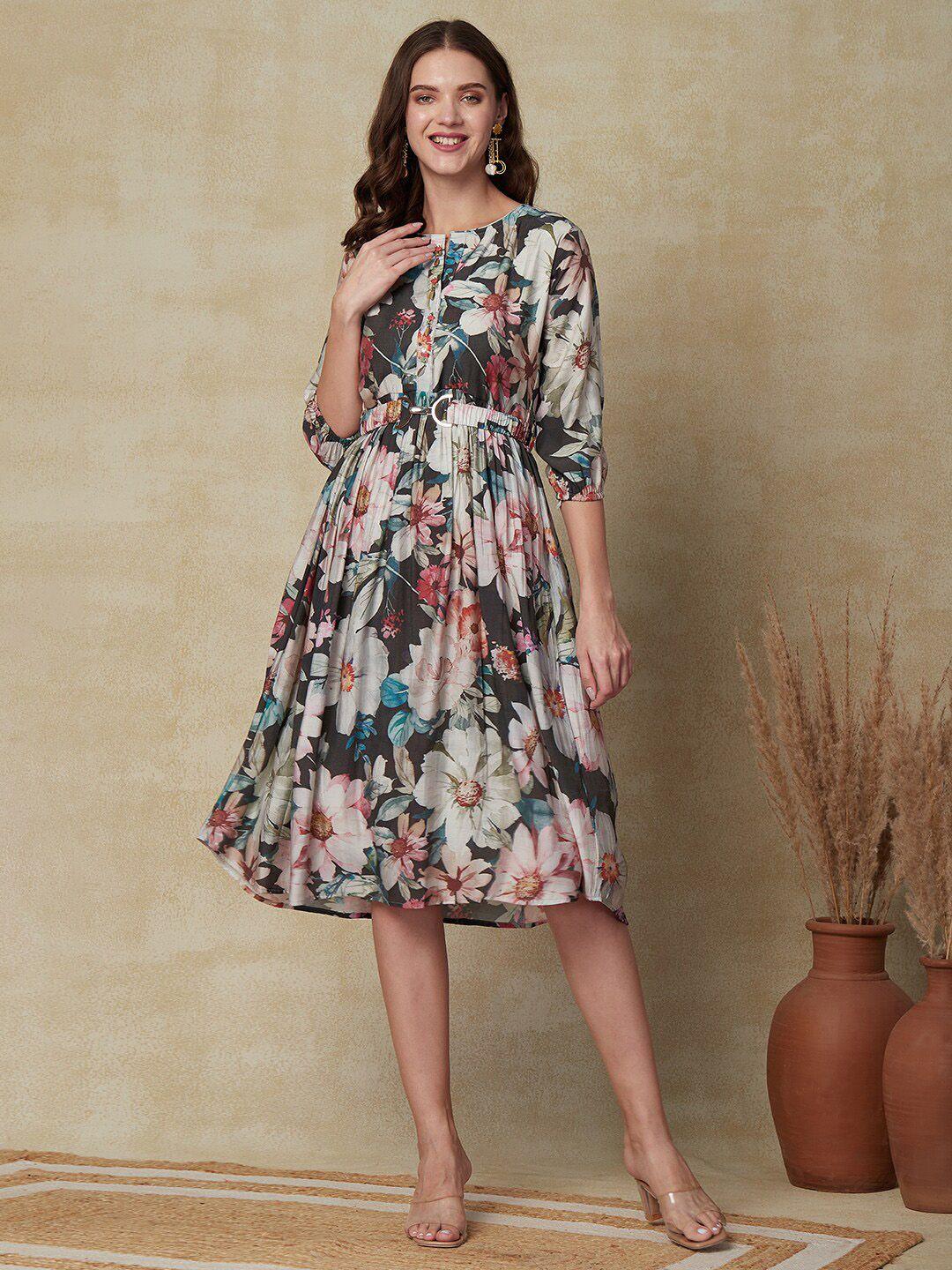 fashor floral printed belted fit & flare dress