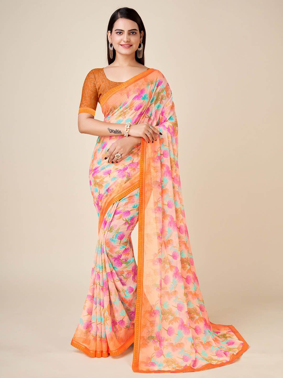 ambuja international floral printed zari pure chiffon saree