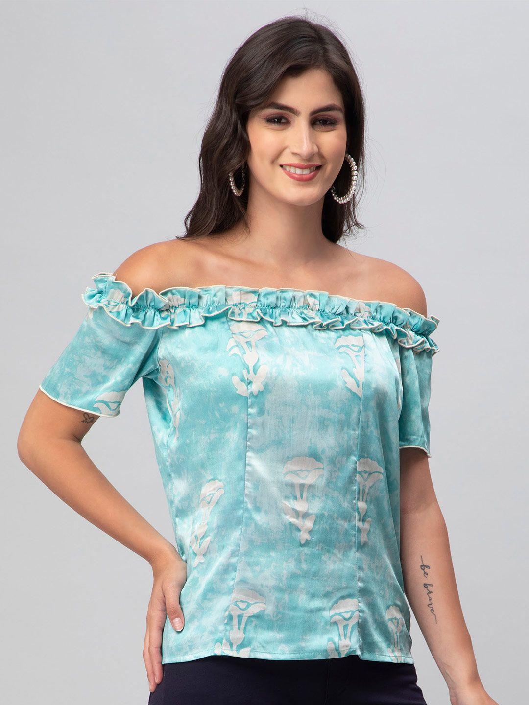 debonatella floral printed off-shoulder pleated detailed satin bardot top