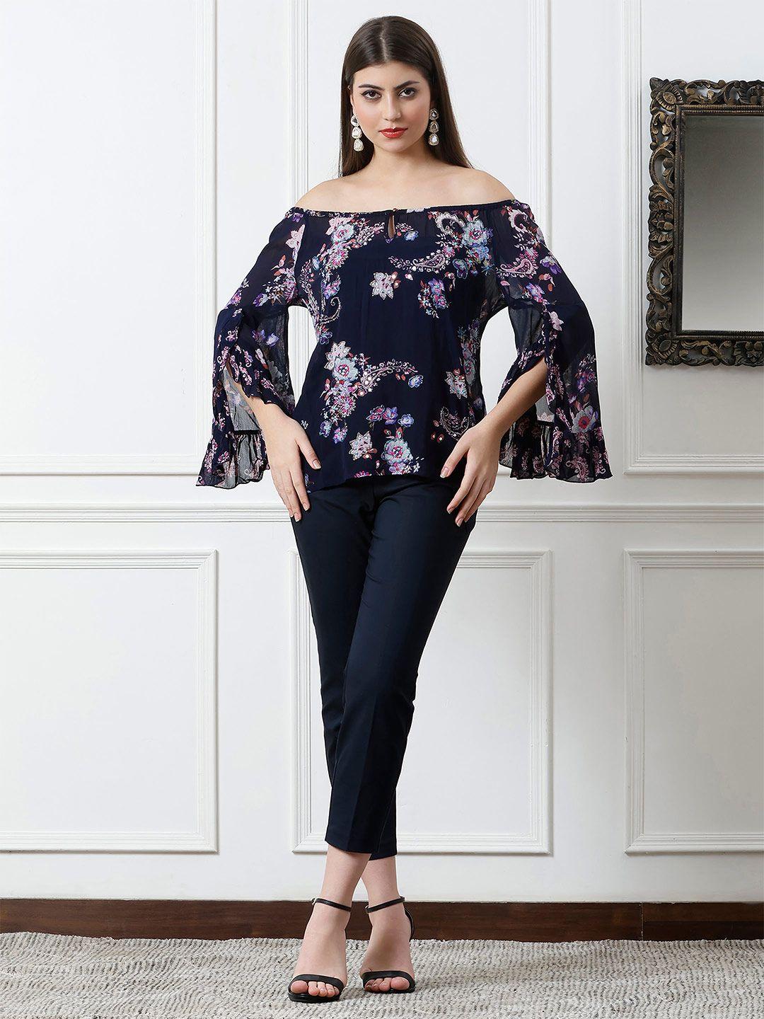 debonatella floral printed sequined off-shoulder bell sleeves georgette bardot top