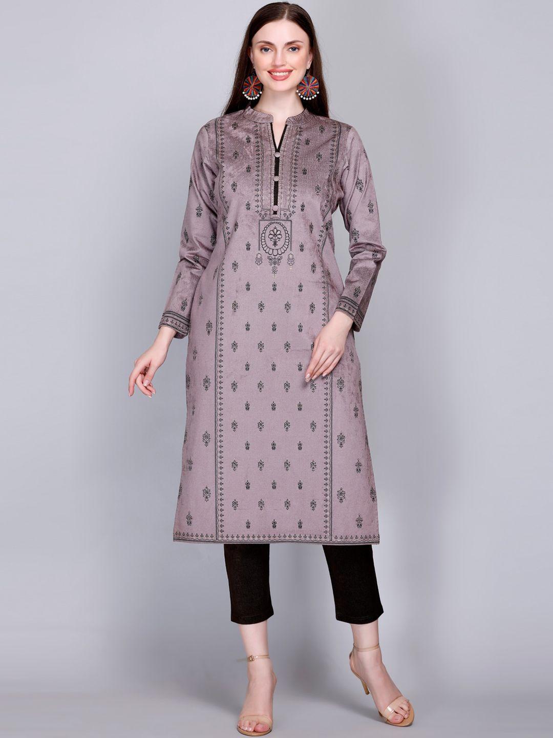 velvtine ethnic motifs printed mandarin collar pure wool kurta with trousers