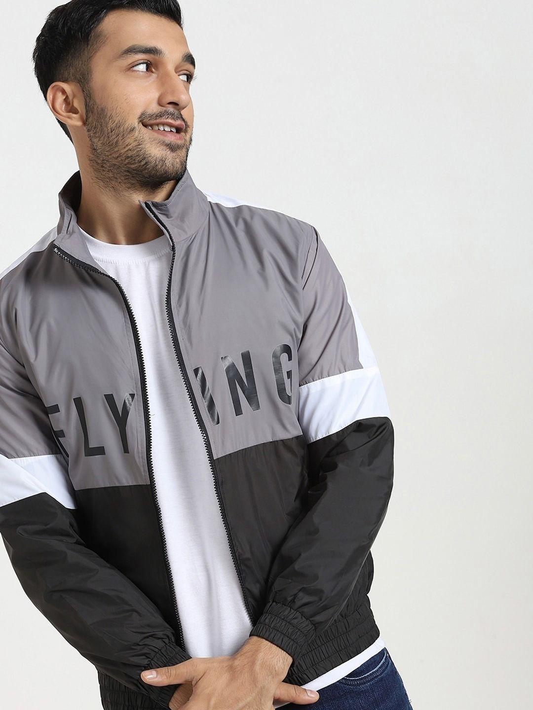 bewakoof grey & black typography printed bomber jacket