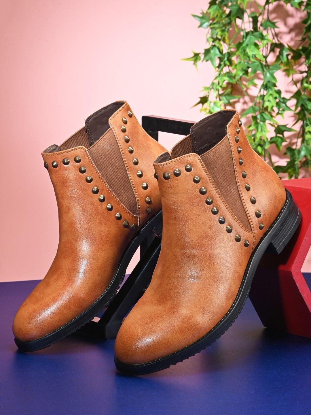 dressberry women tan brown studded block heeled mid-top chelsea boots