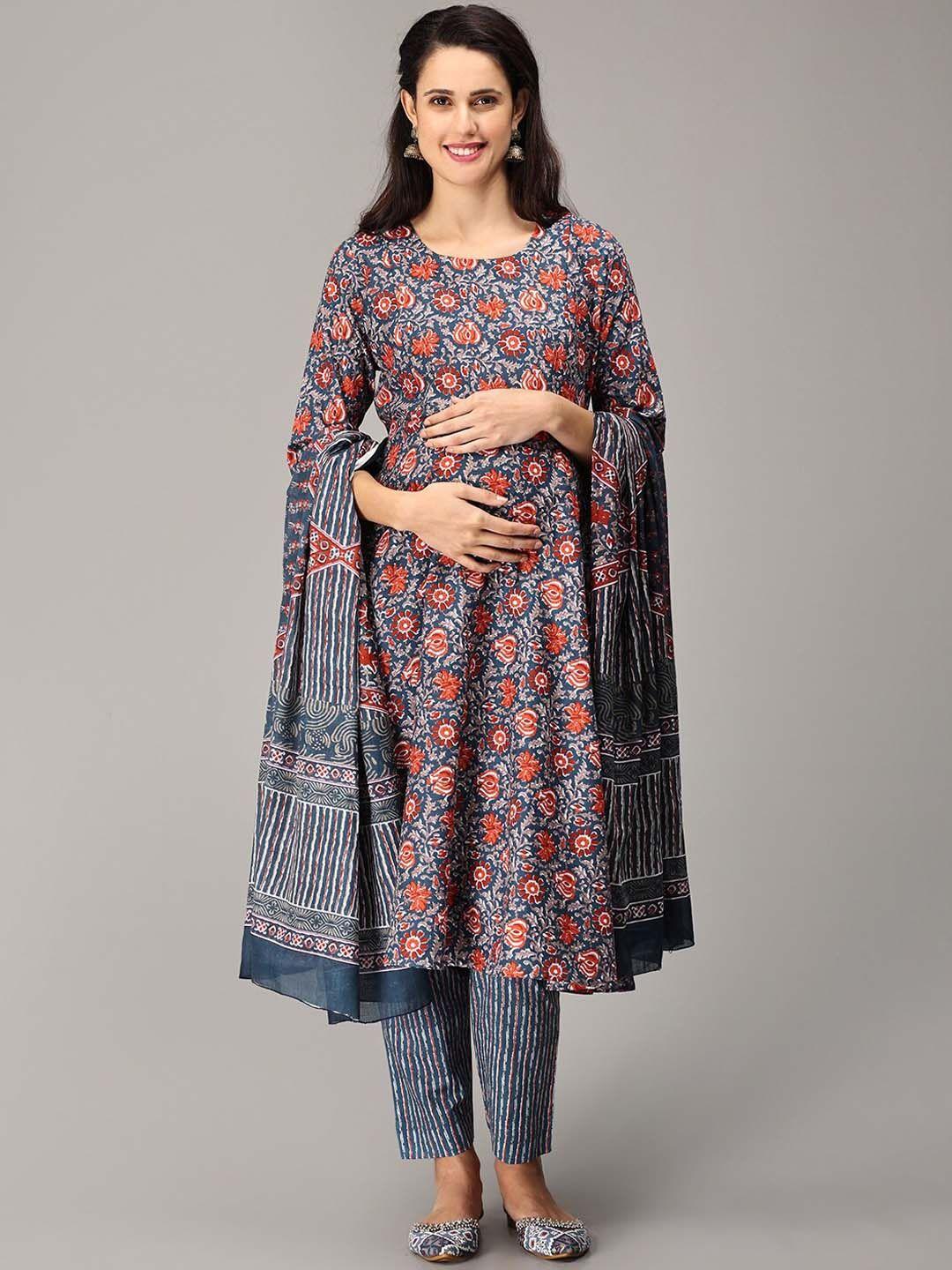 the mom store floral printed regular pure cotton maternity kurta with trousers & dupatta