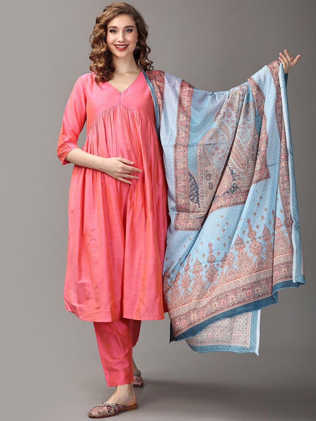 the mom store v-neck maternity kurta with trousers & dupatta