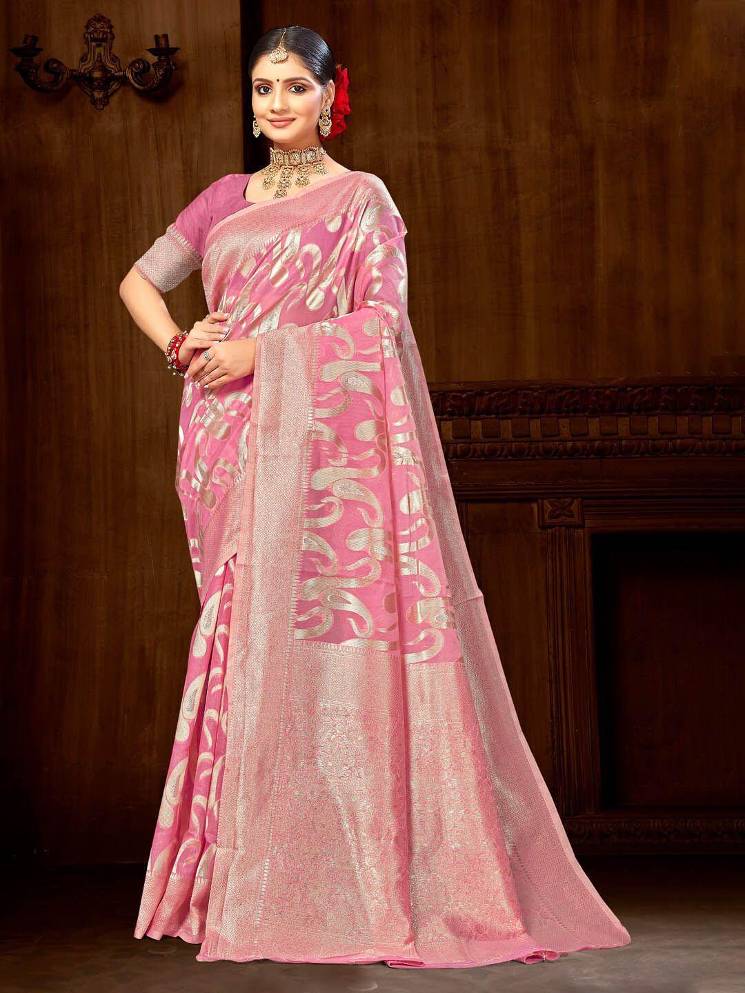 mitera pink & gold-toned paisley woven design zari saree