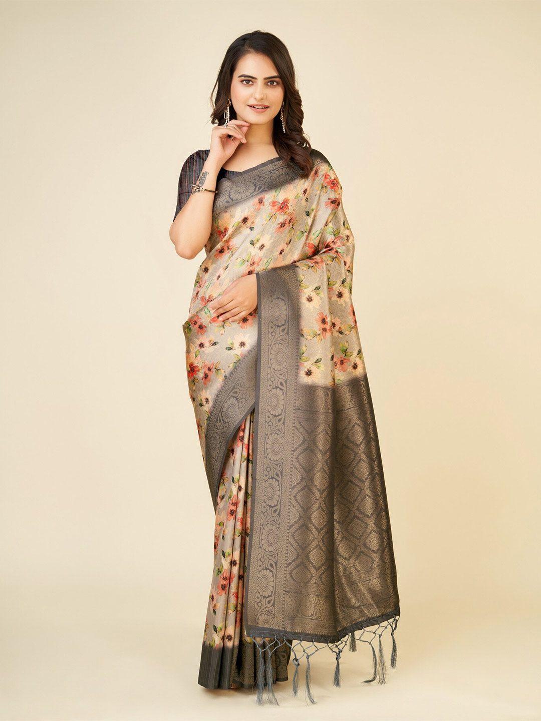 sweet smile fab floral printed zari saree