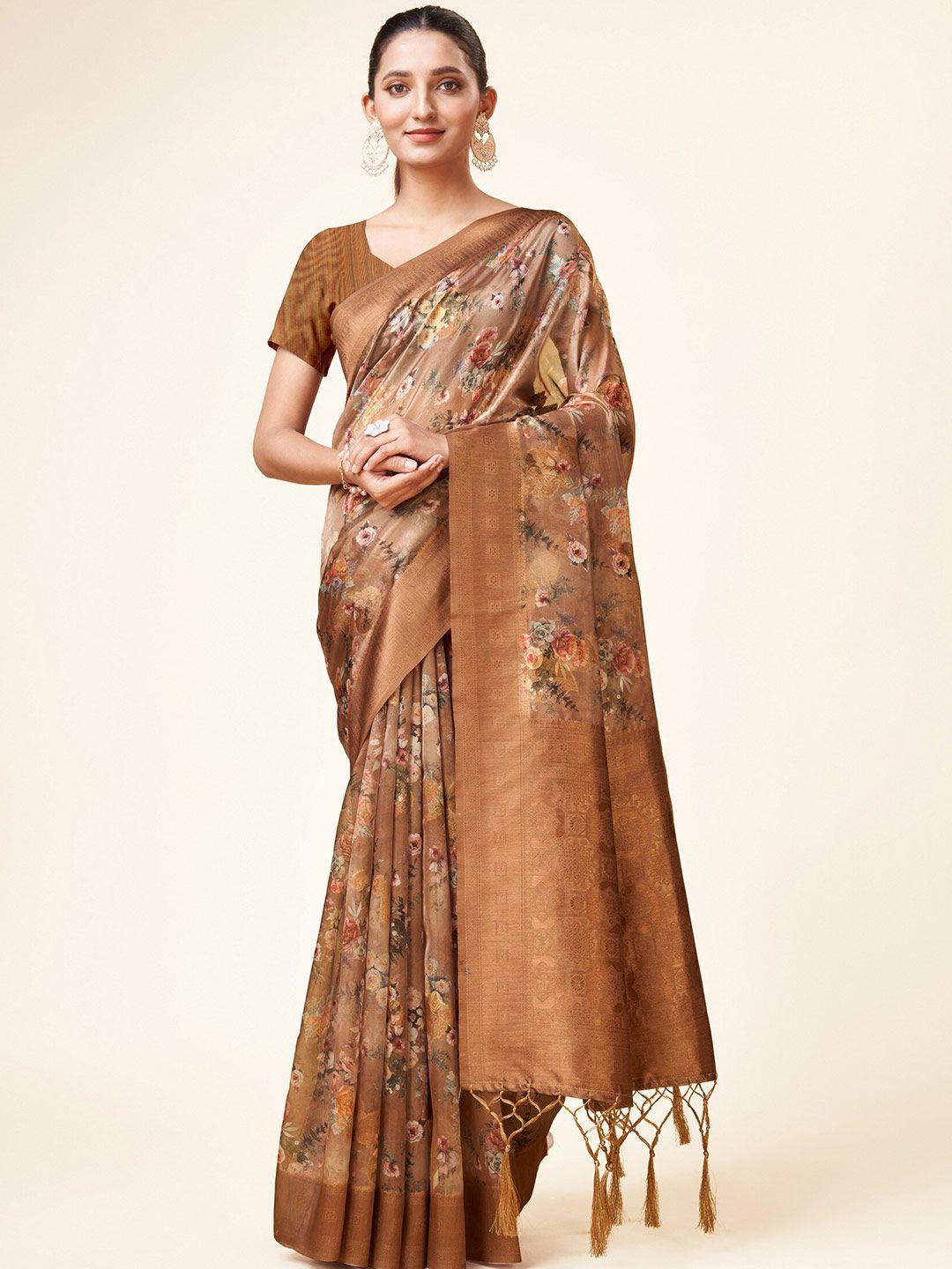 sweet smile fab floral printed zari organza saree