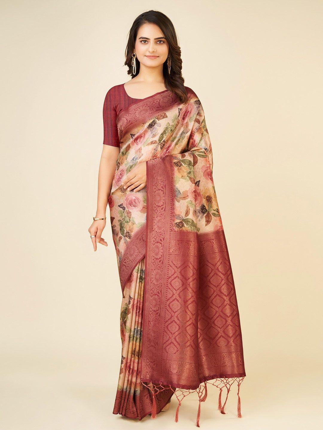 sweet smile fab floral printed zari art silk saree