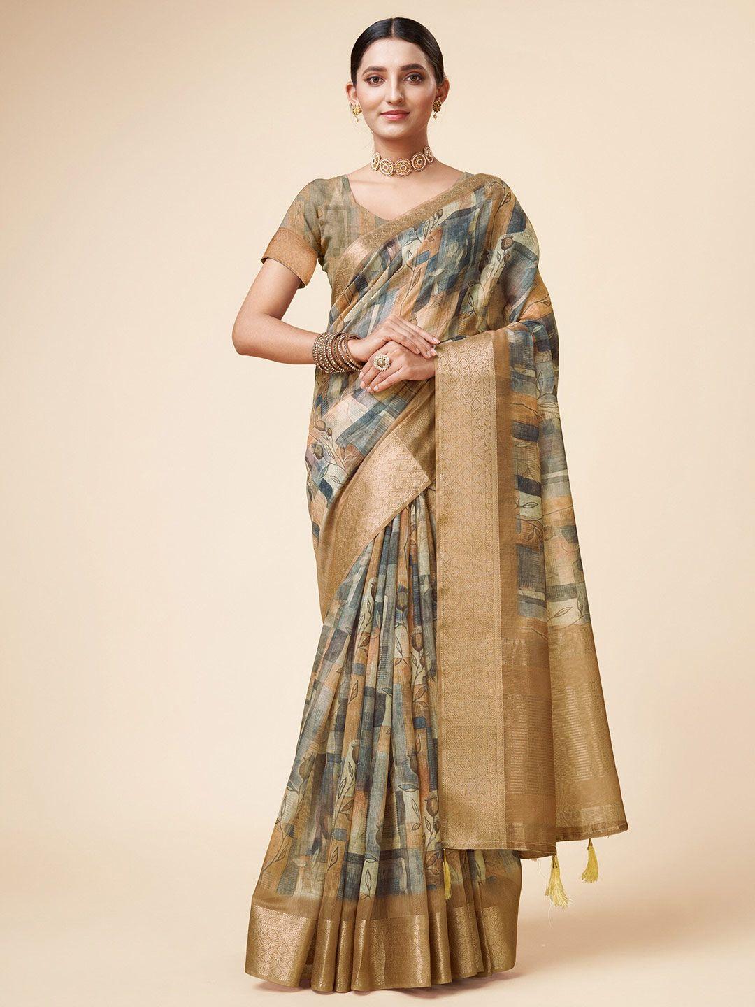 sweet smile fab floral printed zari organza saree