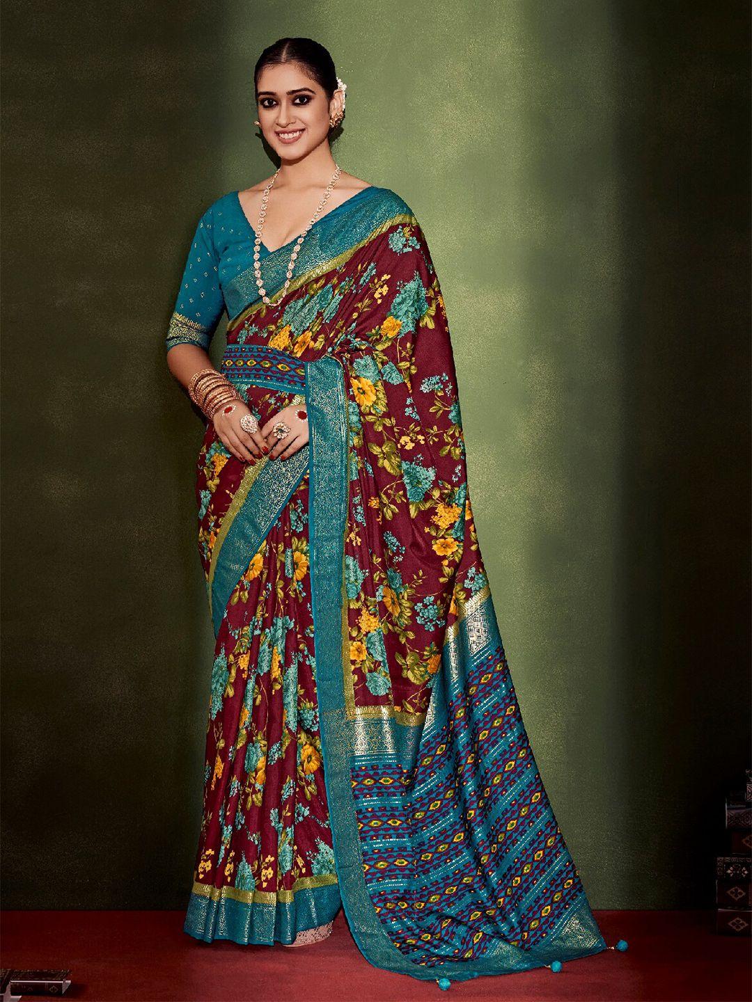 mitera floral printed zari silk cotton ikat saree