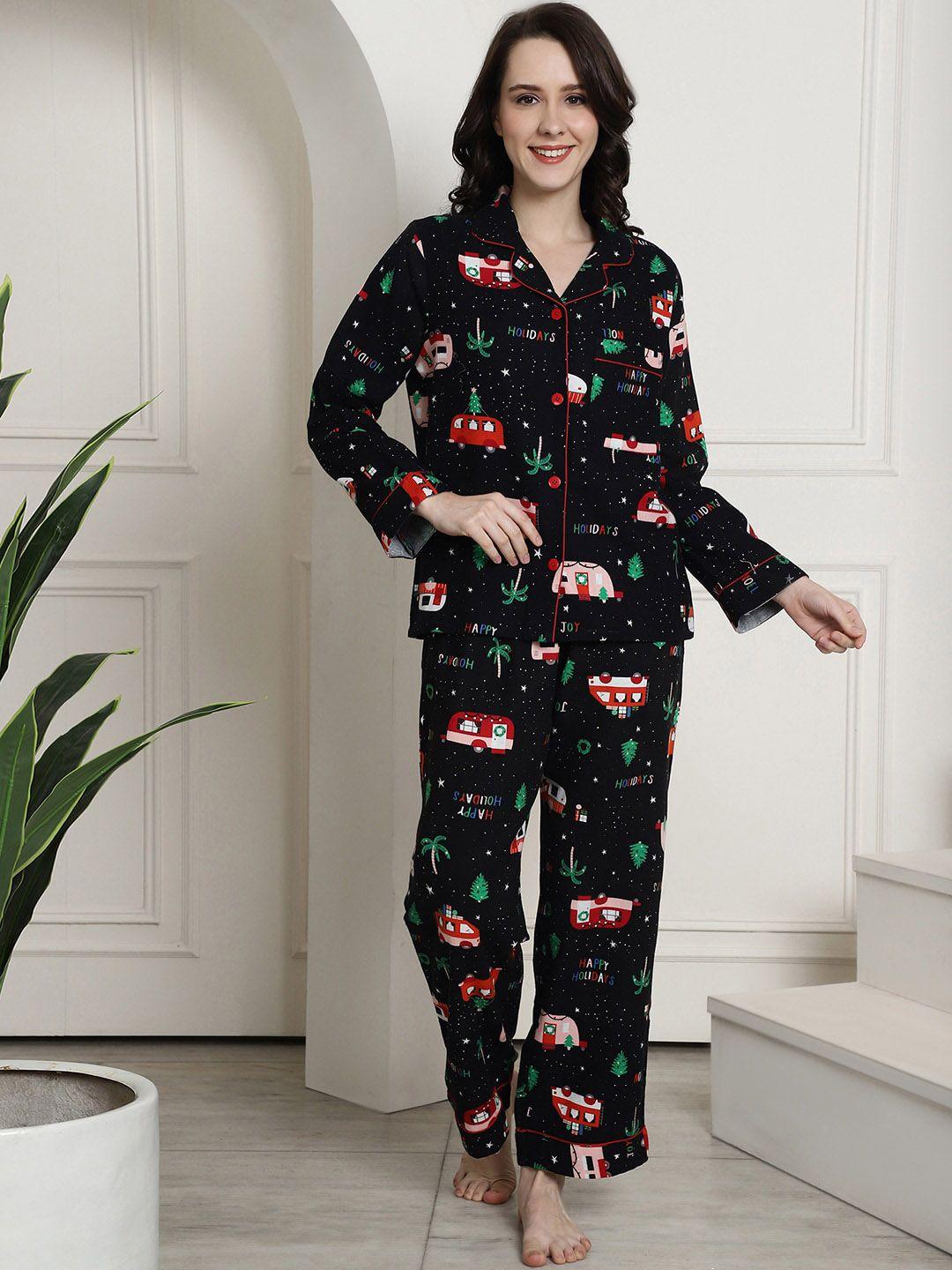 secret wish conversational printed lapel collar pure cotton night suit