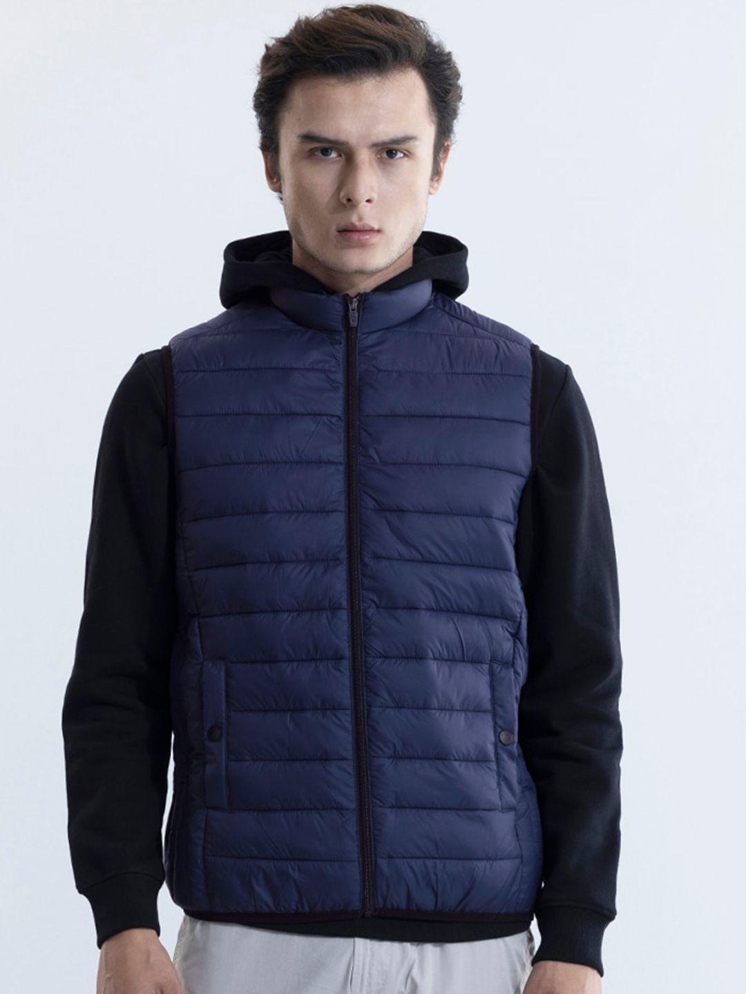 snitch navy blue mock collar lightweight puffer jacket