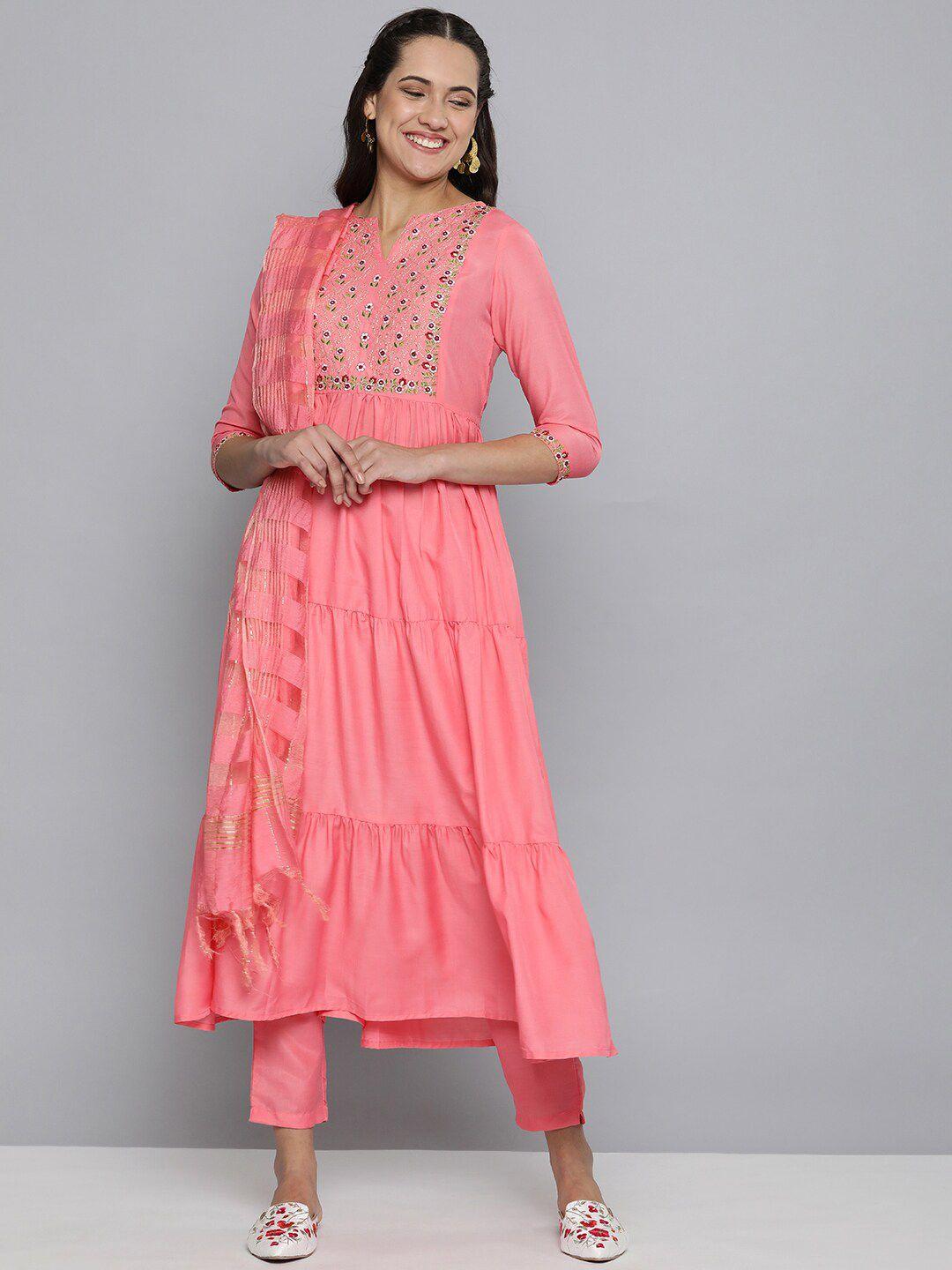 kalini floral mirror work yoke design pleated kurta with trousers & dupatta