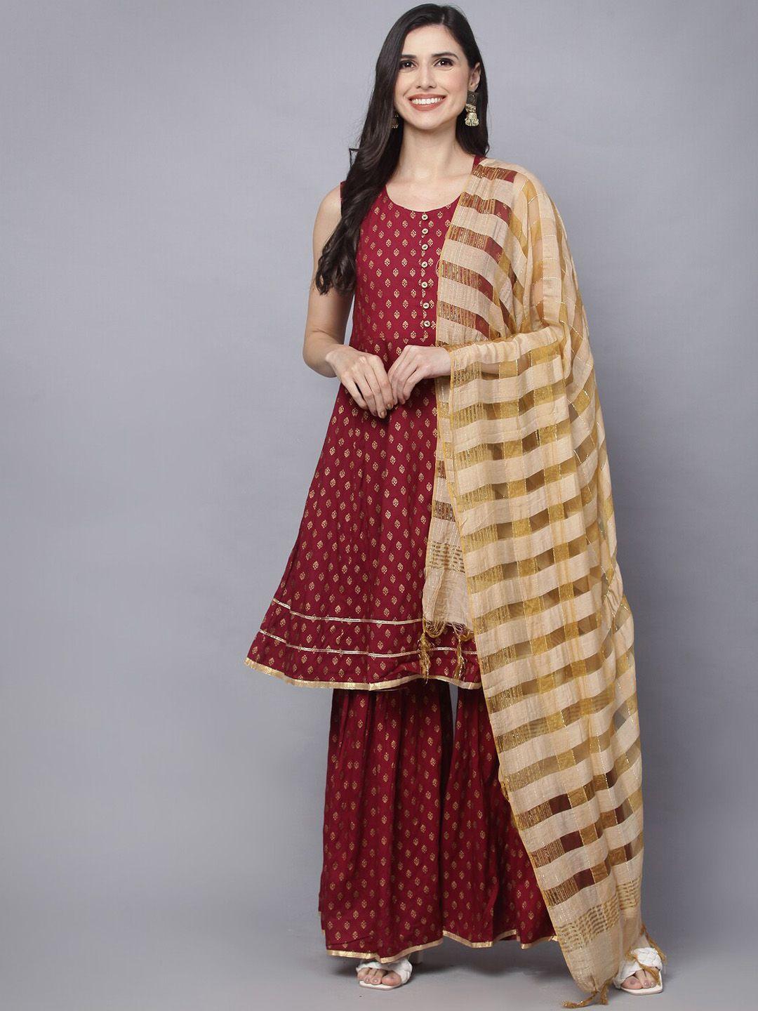 kalini ethnic motifs printed gotta patti anarkali kurta with sharara & with dupatta