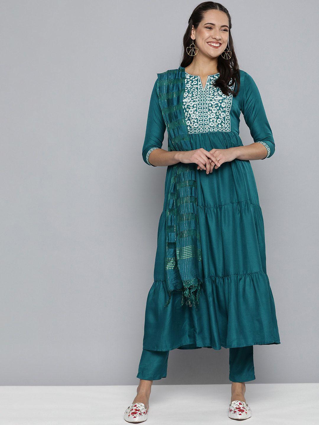 kalini floral yoke design thread work tiered anarkali kurta with trousers & dupatta