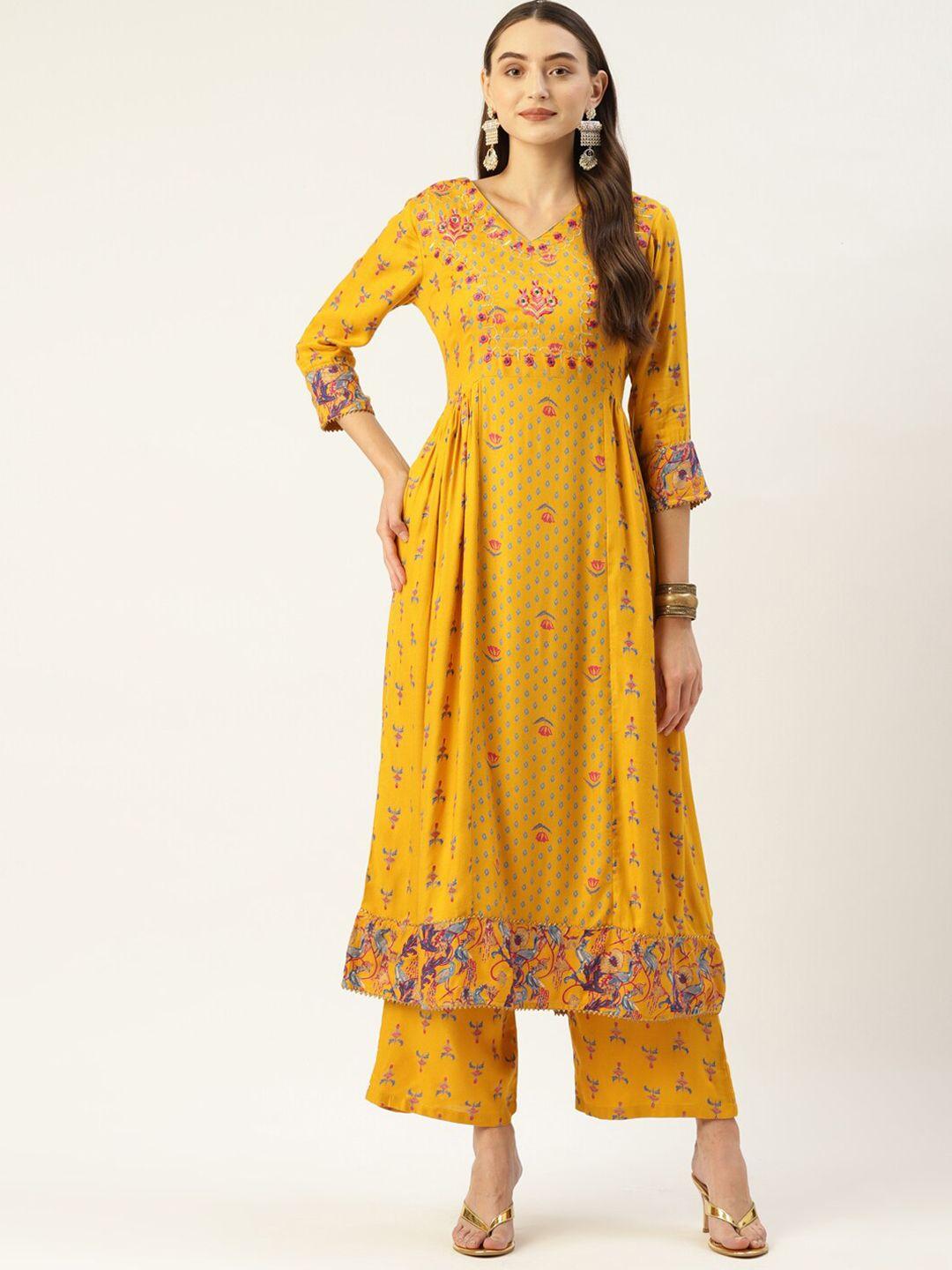 kalini ethnic motifs printed thread work anarkali kurta with trousers