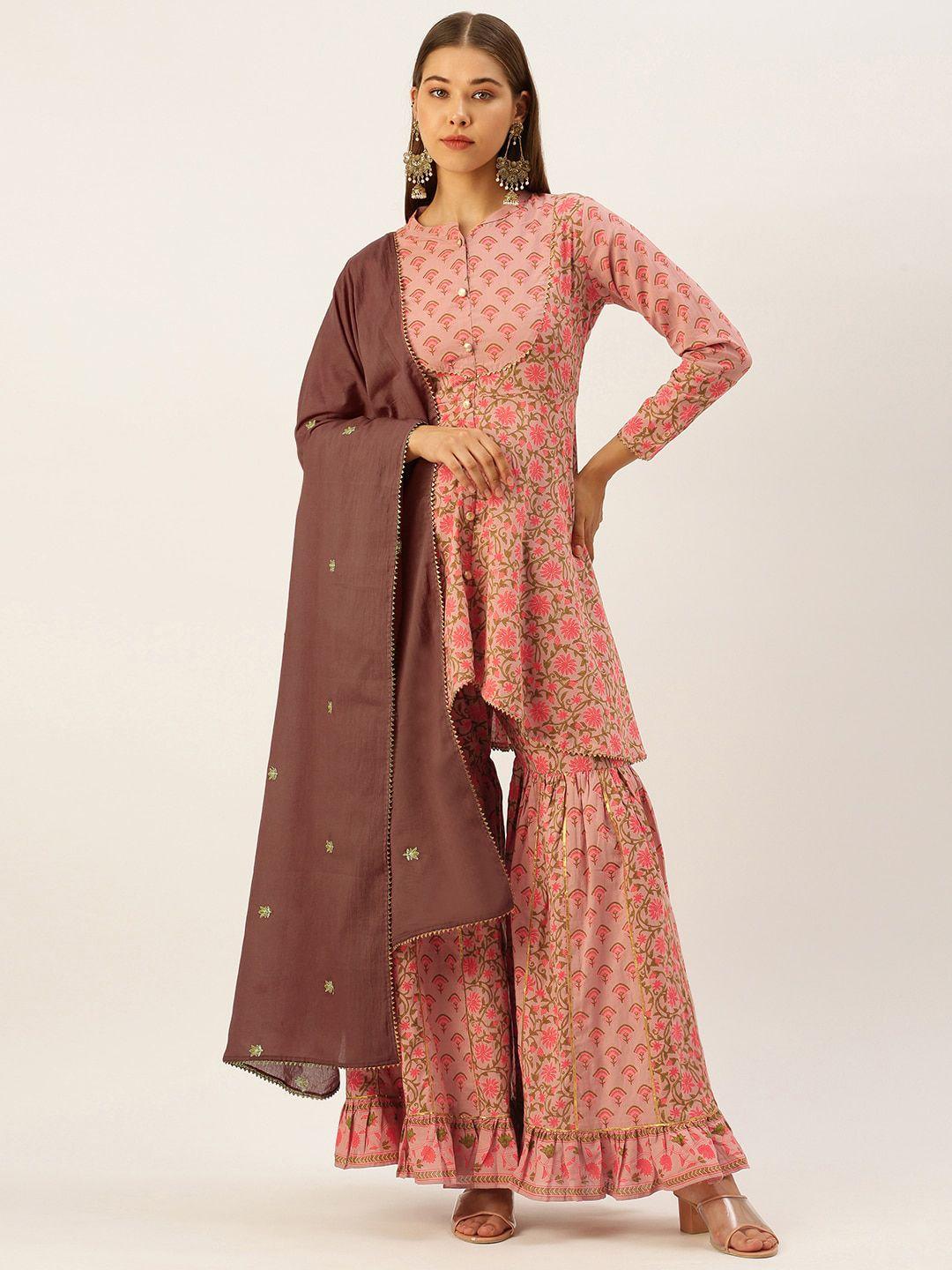 kalini floral printed gotta patti pure cotton a-line kurta with sharara & dupatta