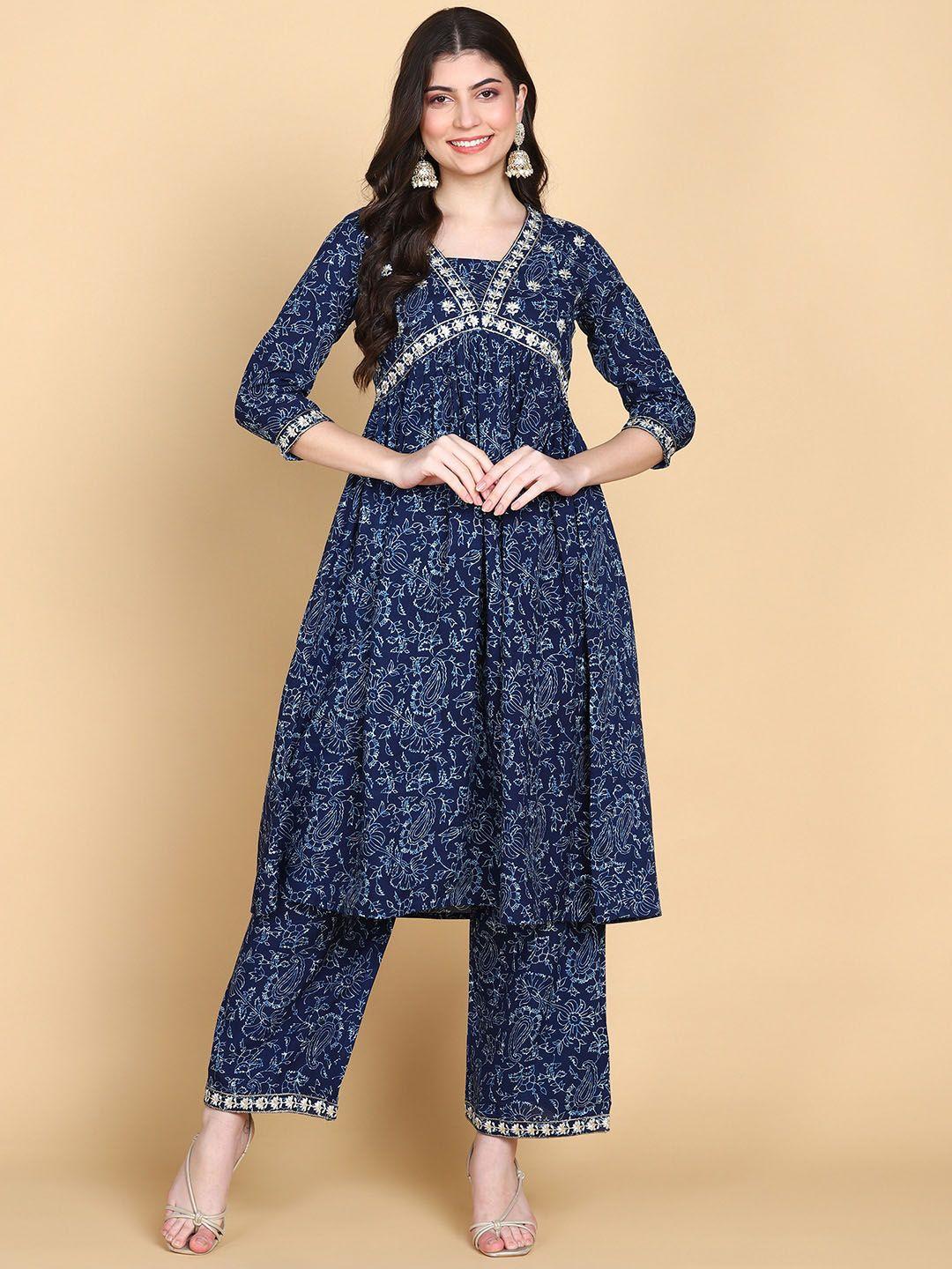 kalini ethnic motifs printed empire thread work kurta with palazzos