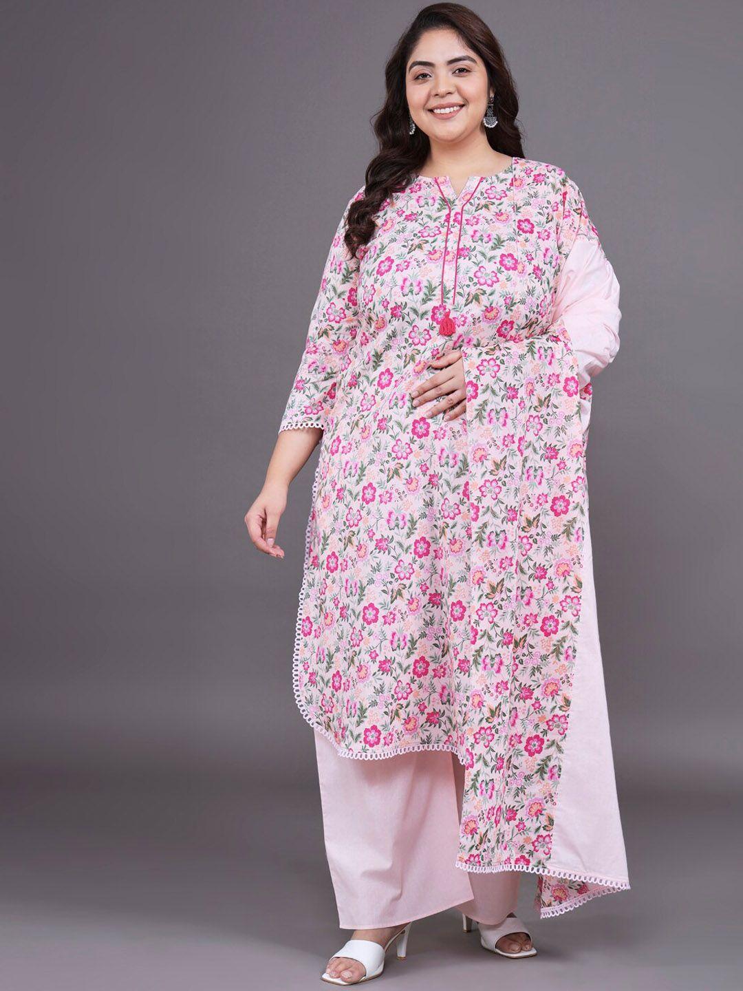 tissu plus size floral printed pure cotton straight kurta with palazzos & dupatta