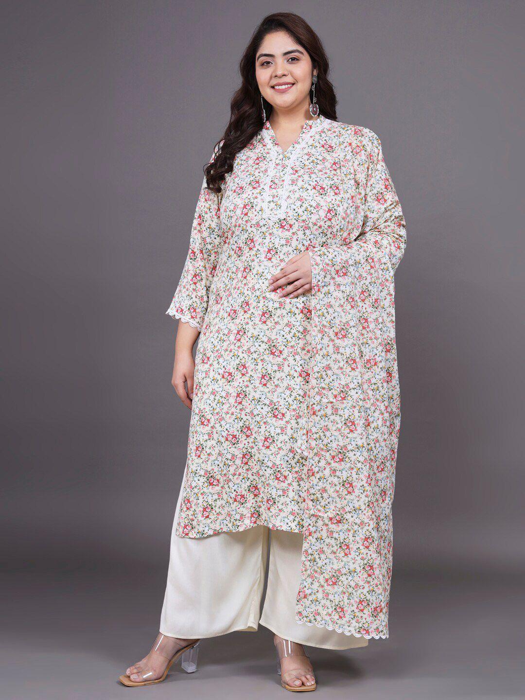 tissu plus size floral printed pure cotton straight kurta with palazzos & dupatta