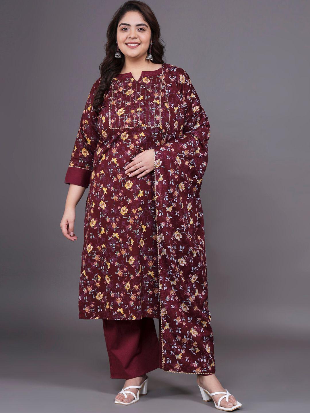 tissu plus size floral printed pure cotton straight kurta with palazzos & dupatta