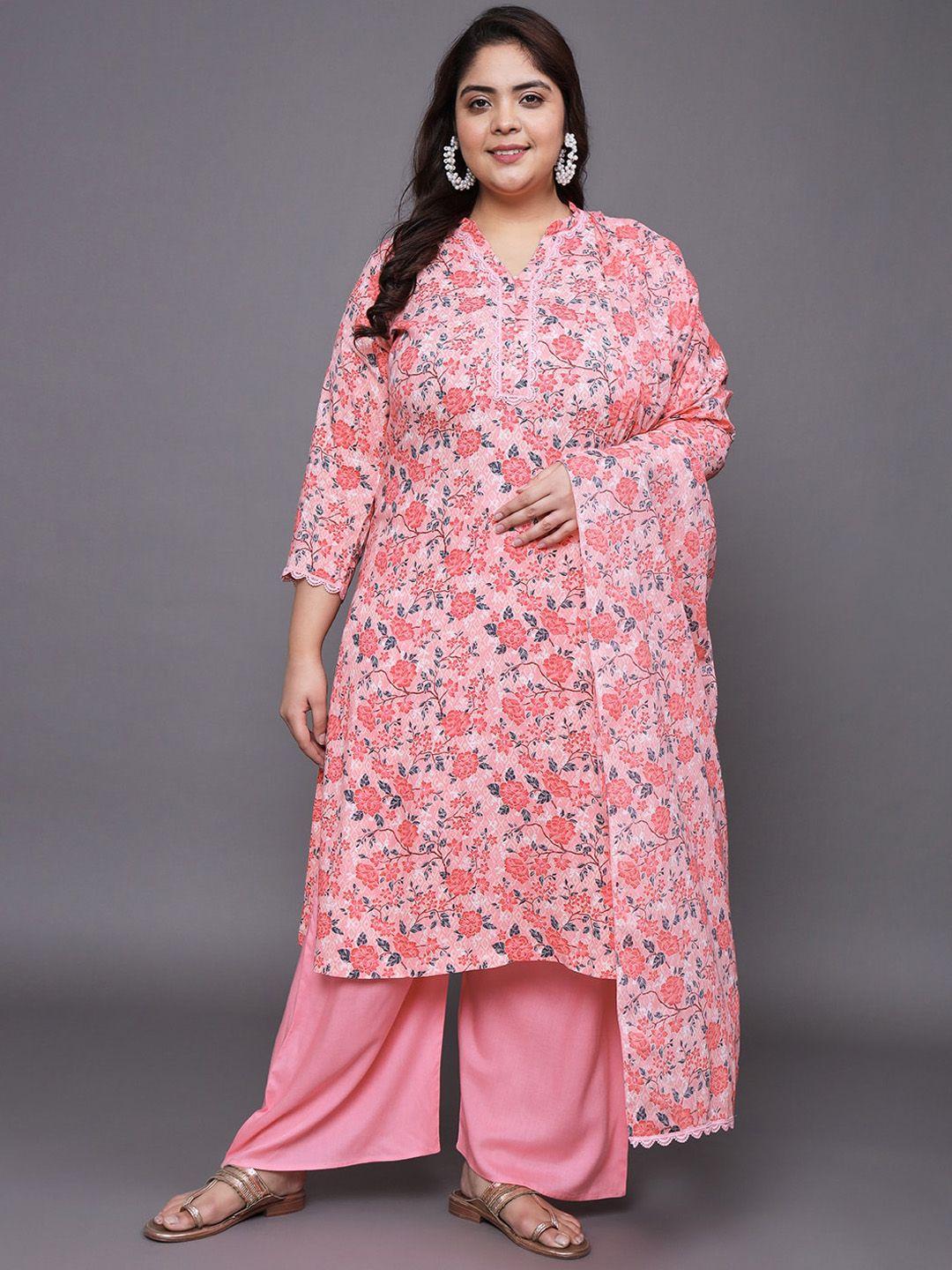 tissu plus size floral printed straight kurta with palazzos & dupatta