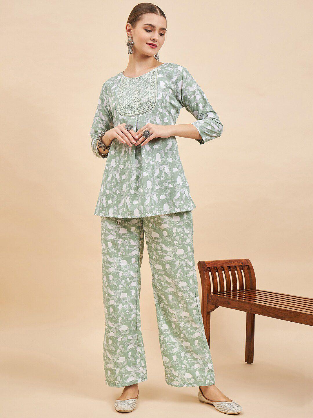 sangria sea green digital-printed tunic & trousers