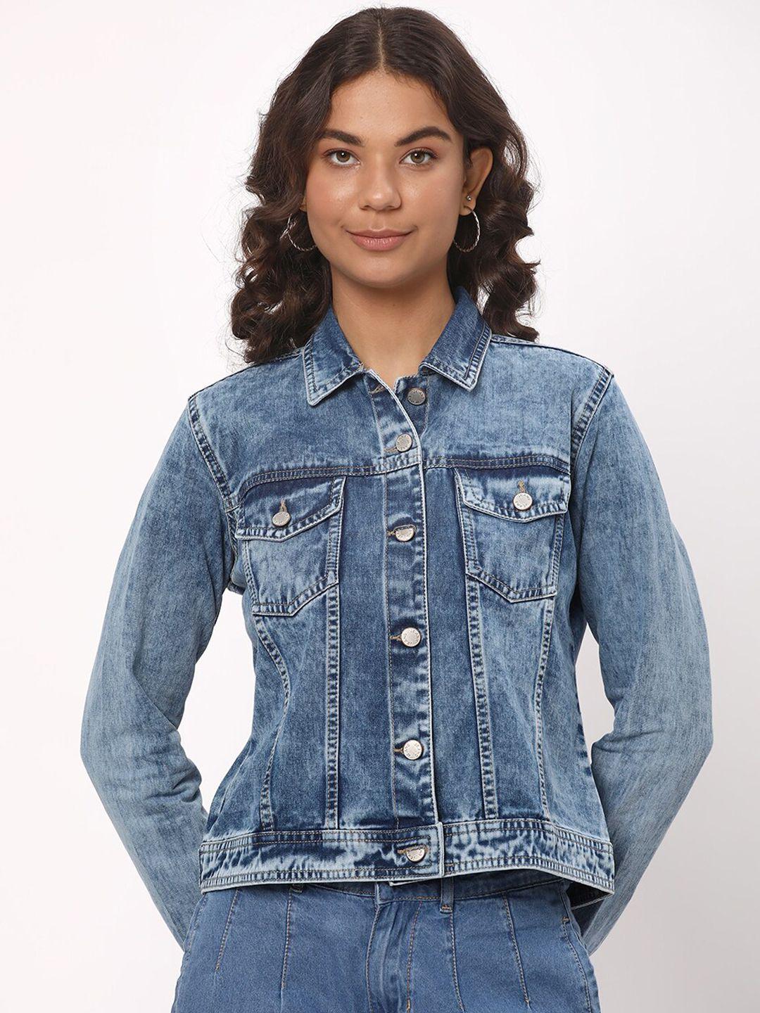 r&b washed spread collar long sleeves crop denim jacket